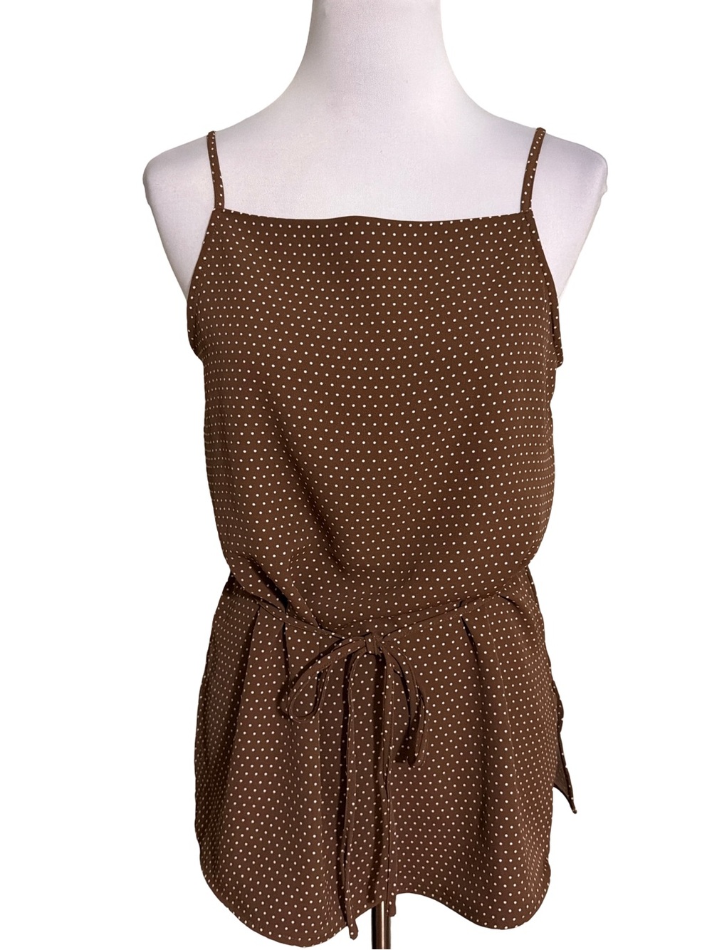 Anthropologie Brown Polka Dot Spaghetti Strap Tie-Waist Top